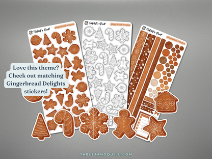 Set of gingerbread-themed stickers on a gray background with text promoting matching stickers.