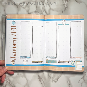 Bullet journal weekly spread themed with coffee stickers and weekday stickers.