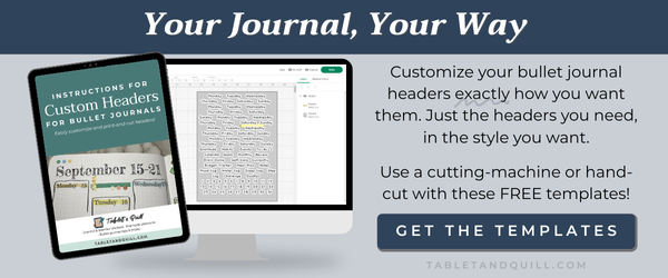 Promotional graphic for customizable bullet journal free templates with text and images of a tablet and computer screen.