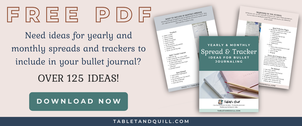 Promotional banner for free list of yearly and monthly spreads and trackers for bullet journals.