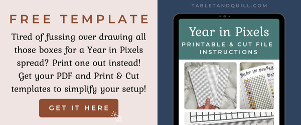 Promotional banner for free year in pixels templates for bullet journal spreads.
