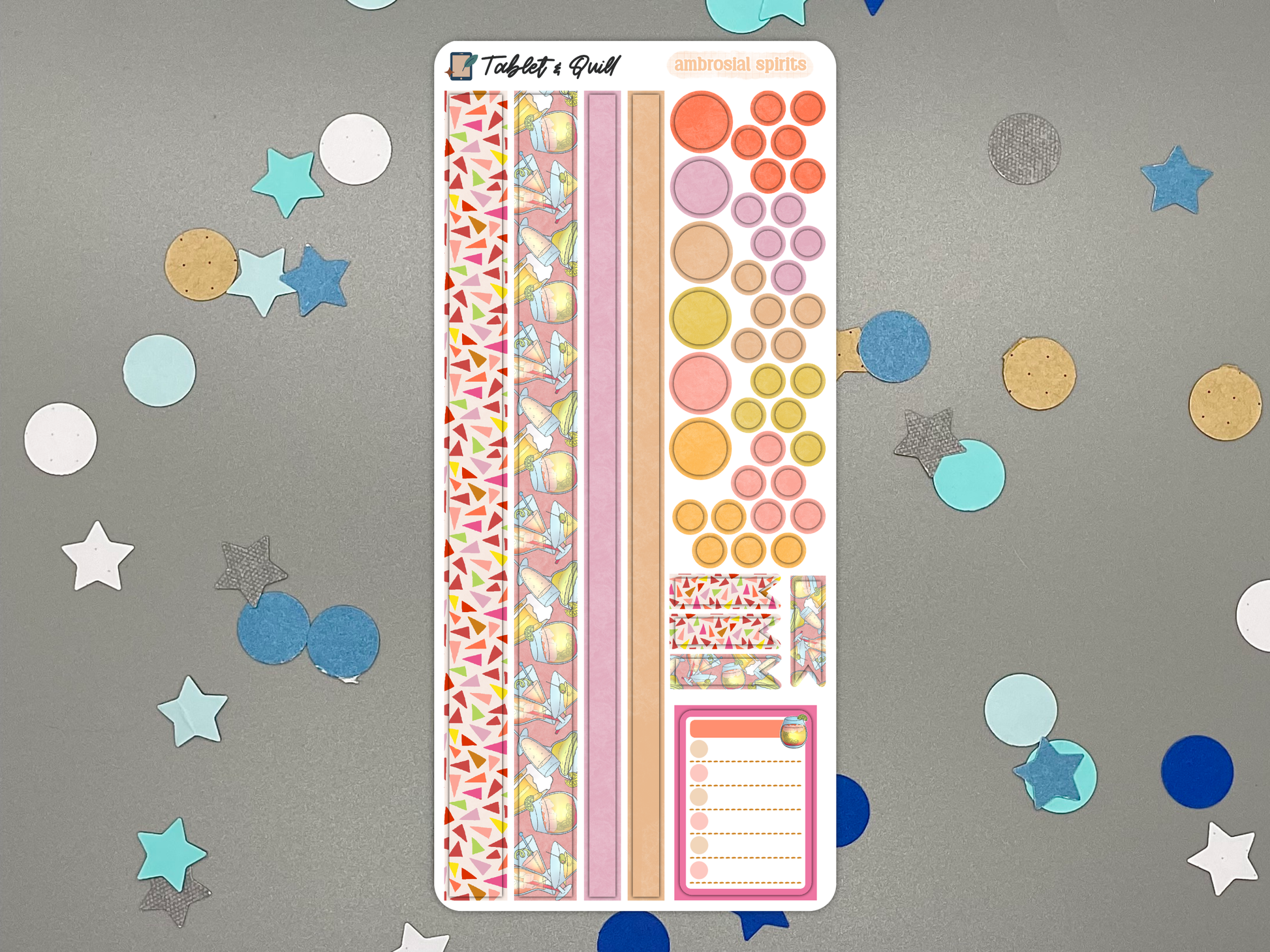 Decorative sticker sheet matching ambrosial drinks sticker theme over a gray background with confetti.