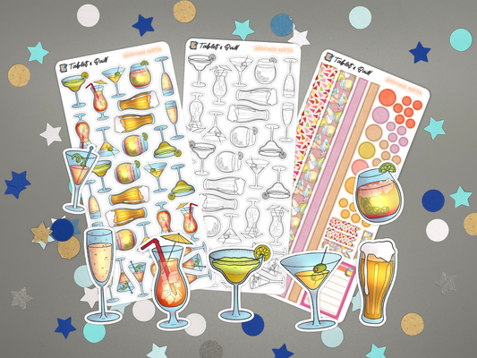 Sticker sheets with drink illustrations on a gray background