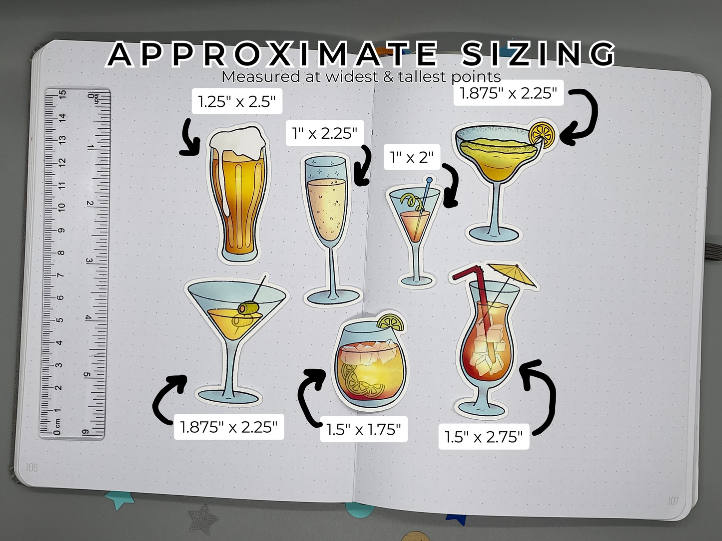 Tropical drinks die cut stickers on an open journal with measurements and a ruler for scale.