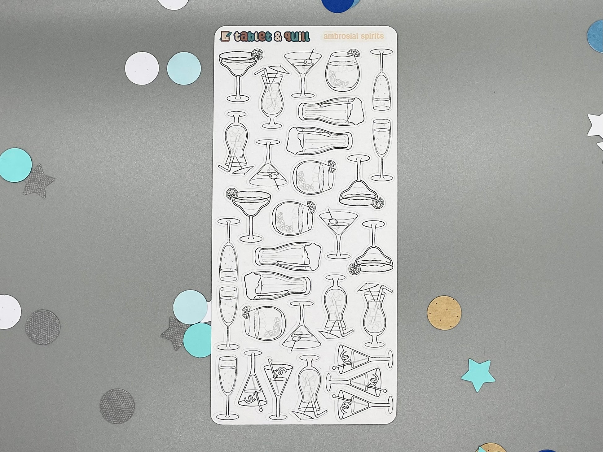 Sticker sheet of diy color drink-themed stickers on a gray background with confetti.