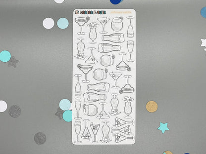 Sticker sheet of diy color drink-themed stickers on a gray background with confetti.