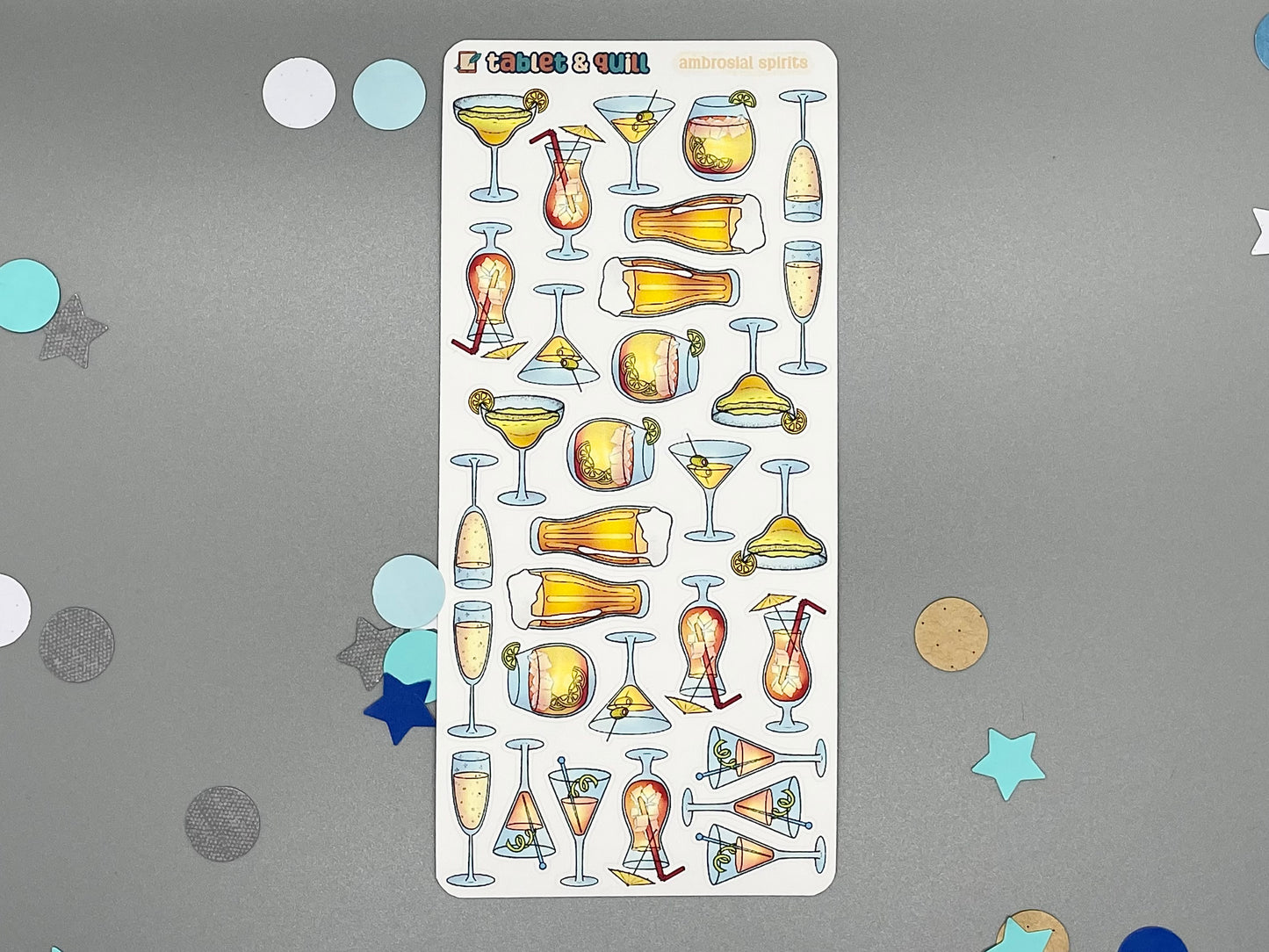 Sticker sheet with illustrations of cocktails on a gray background