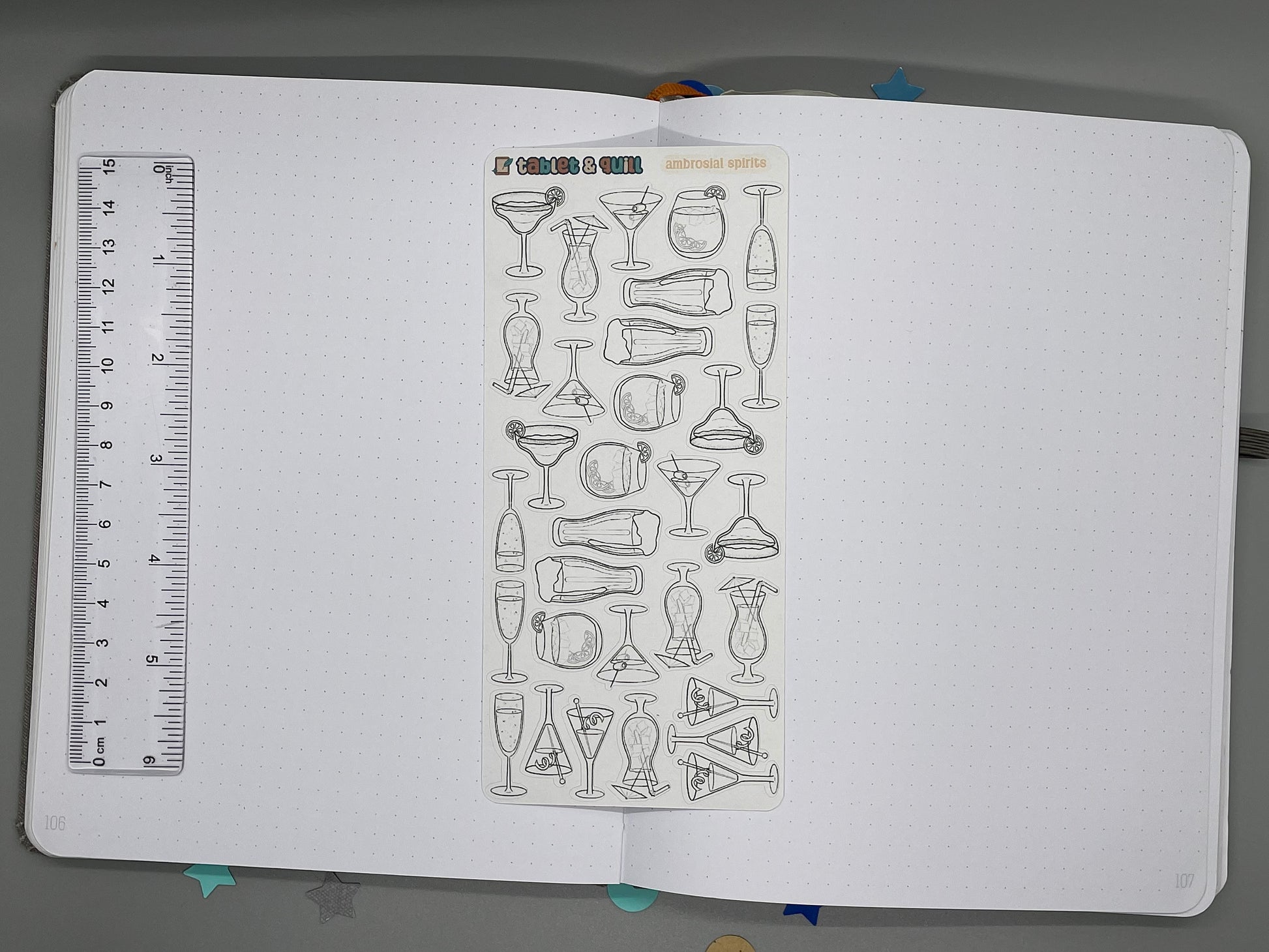 Tropical drinks themed diy color sticker sheet on an open bullet journal with a ruler for scale.