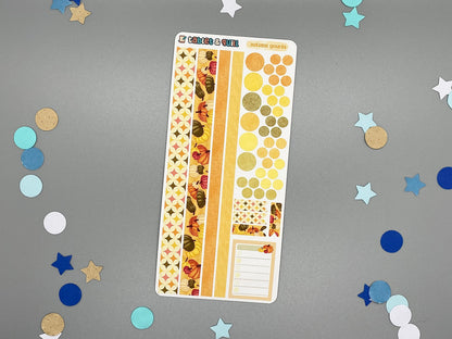 Decorative pumpkin themed sticker sheet on a gray background with confetti.