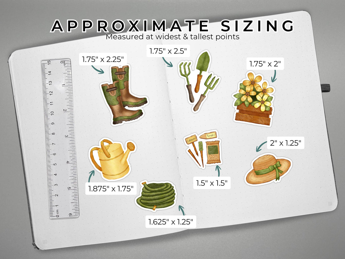 Garden themed die cut stickers on an open journal with measurements and a ruler for scale on the left, all on a gray surface.