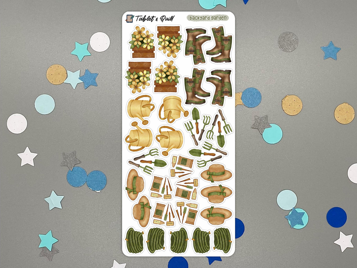 Garden themed sticker sheet in color on a gray surface with confetti.