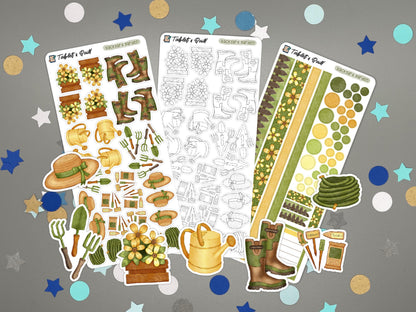Three sticker sheets and seven die cut stickers, all garden themed, on a gray surface with confetti.