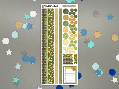 A garden themed decorative sticker sheet with washi-like strips, circles, and flags that matches with the backyard garden stickers.