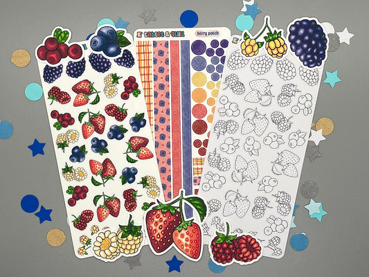 An overview image of berries themed stickers, including a color sticker sheet, a colorable sticker sheet, a decorative sticker sheet, and die cut sticker flakes.