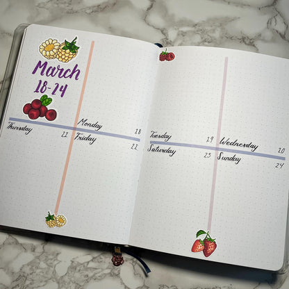An overview image of a berries themed bullet journal weekly spread.
