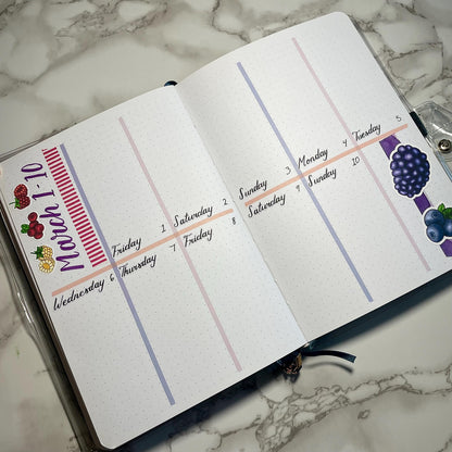 An overview image of a berries themed bullet journal weekly spread.
