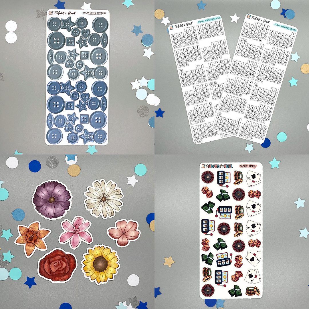 Collection of various sticker sheets on a gray background with decorative elements.