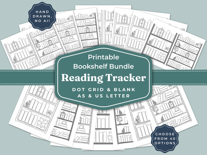 Printable bookshelf bundle reading tracker with dot grid and blank options on a light blue background.