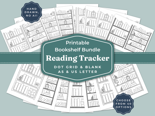 Printable bookshelf bundle reading tracker with dot grid and blank options on a light blue background.