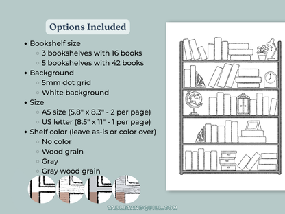 Product description for bookshelf illustrations with options including size, background, and shelf color and closeups of shelf colors.