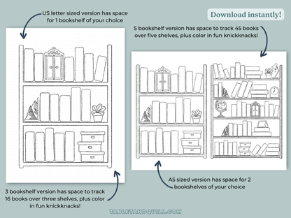 Comparison of bookshelf designs with text indicating space for books and knickknacks and different sizes for printing.