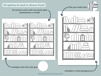 Illustration of bookshelves with text explaining design options and availability.