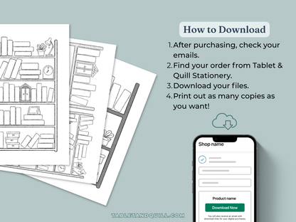 Instructions on how to download files after purchasing from Tablet & Quill Stationery, with a phone screen showing a download page.
