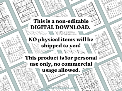 Pattern of bookshelf illustrations with text about a non-editable digital download.