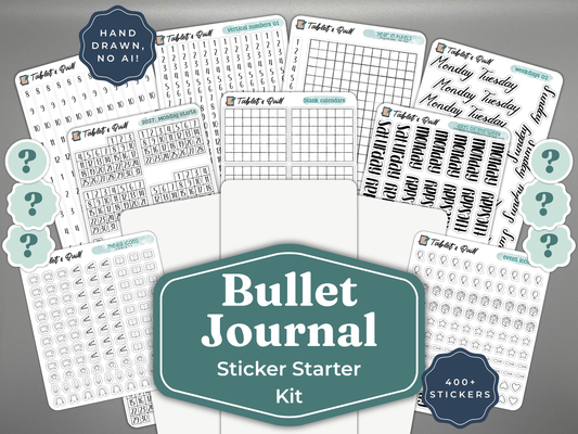 Bullet Journal Sticker Starter Kit featuring multiple sheets of planner stickers displayed in a fan layout with a dark teal label reading 'Bullet Journal Sticker Starter Kit' and badges.