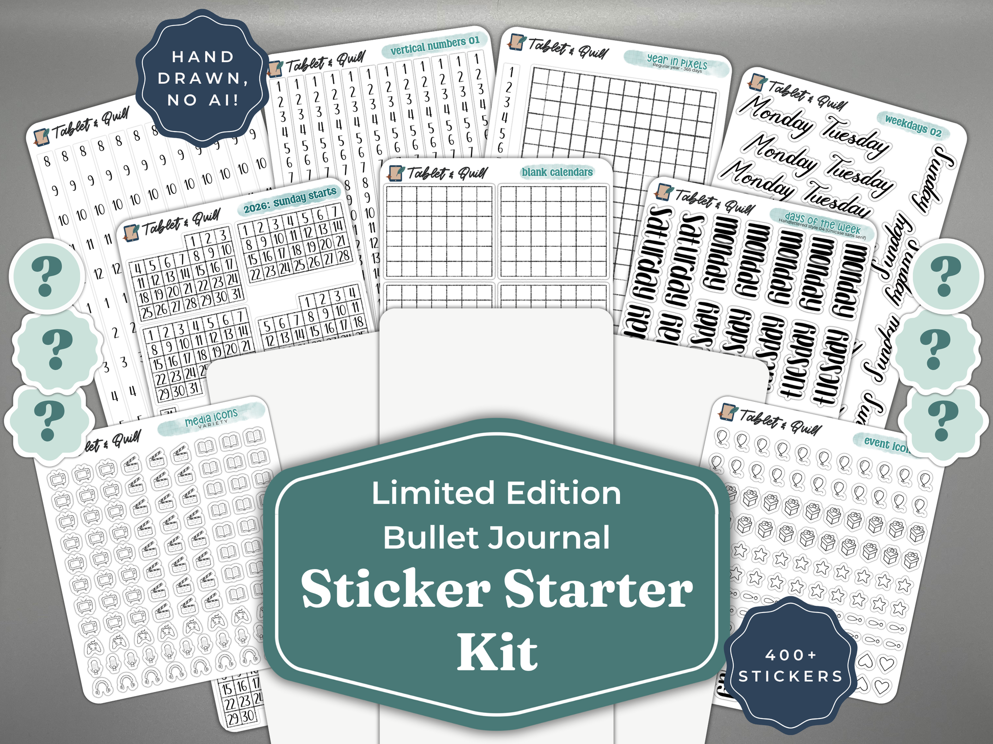 Limited Edition Bullet Journal Sticker Starter Kit with various planner stickers on a gray background.