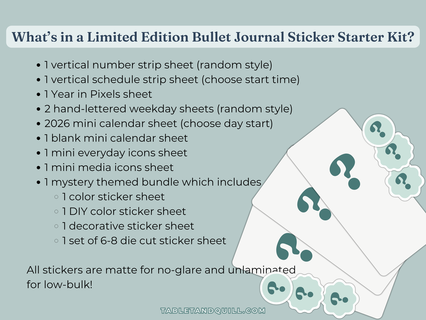 Product description of a limited edition bullet journal sticker starter kit with an mystery bundle stickers on a light blue background.