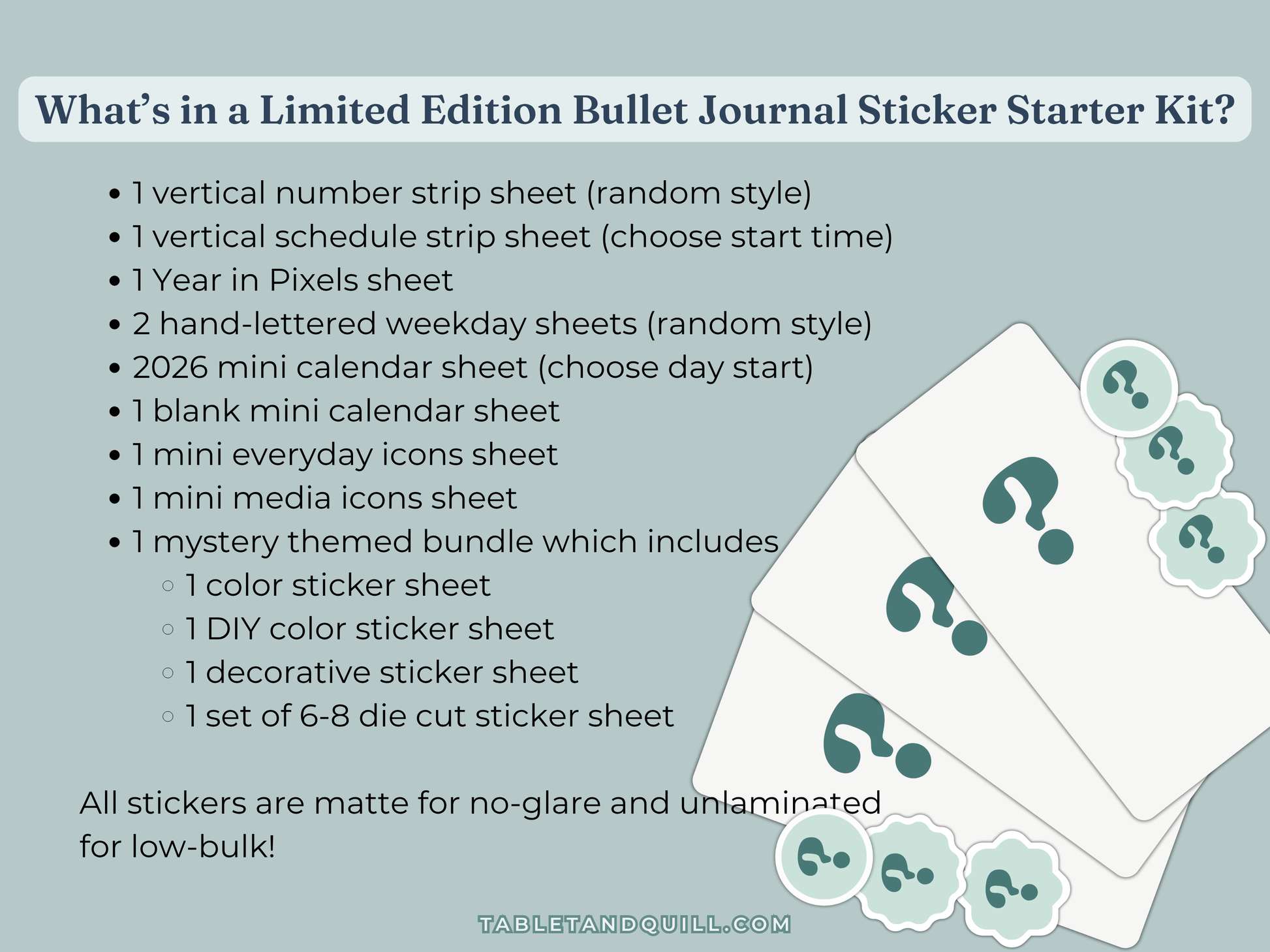 Product description of a limited edition bullet journal sticker starter kit with an mystery bundle stickers on a light blue background.
