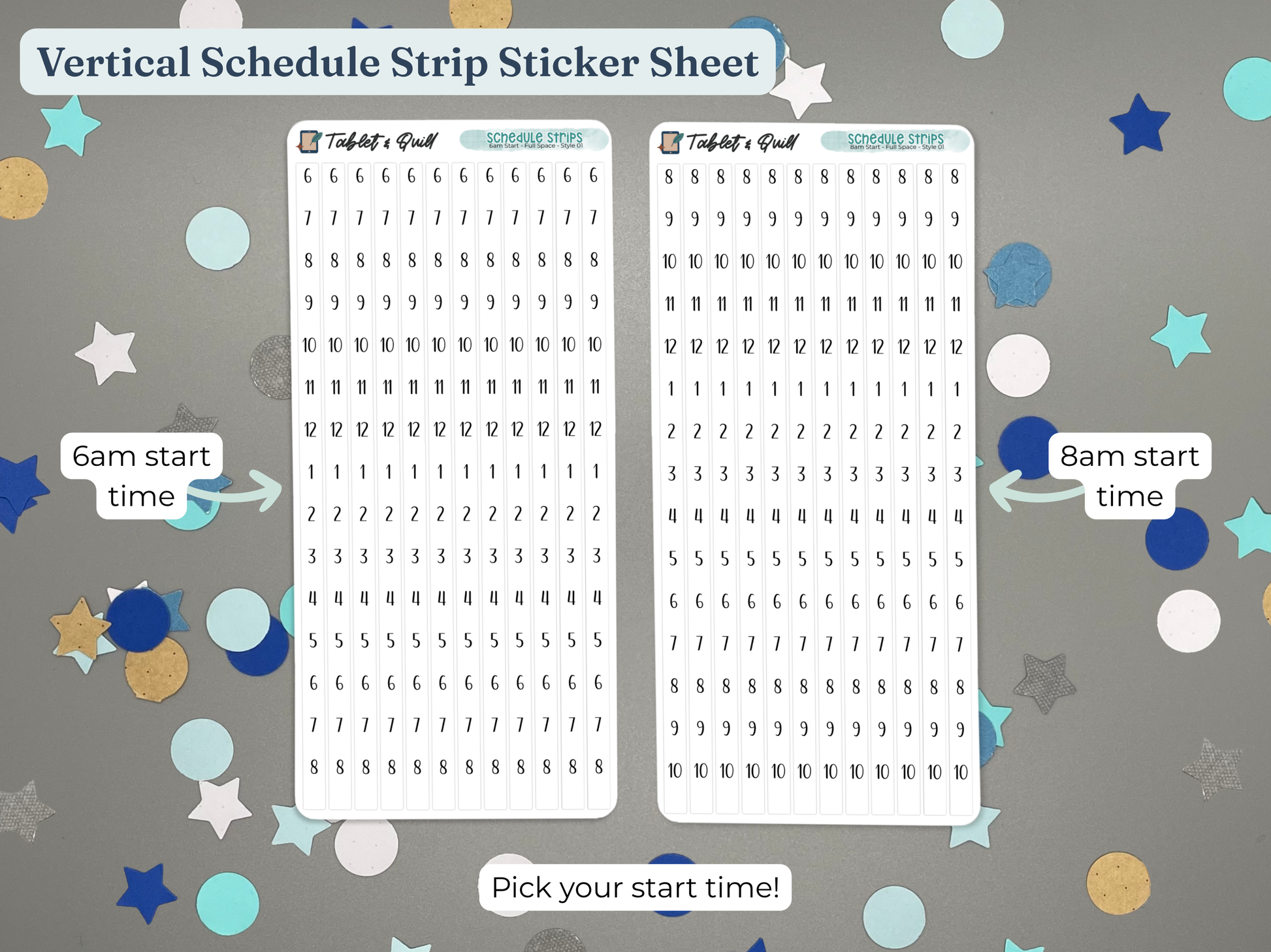Vertical schedule strip sticker sheet with time markings on a decorative background
