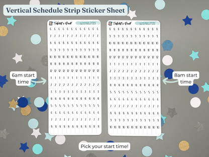 Vertical schedule strip sticker sheet with time markings on a decorative background
