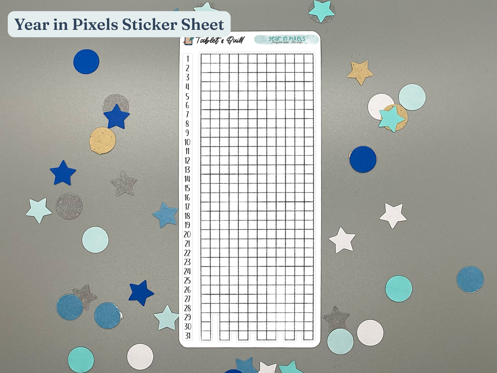 Year in Pixels sticker with vertical number strip on a gray background with confetti.