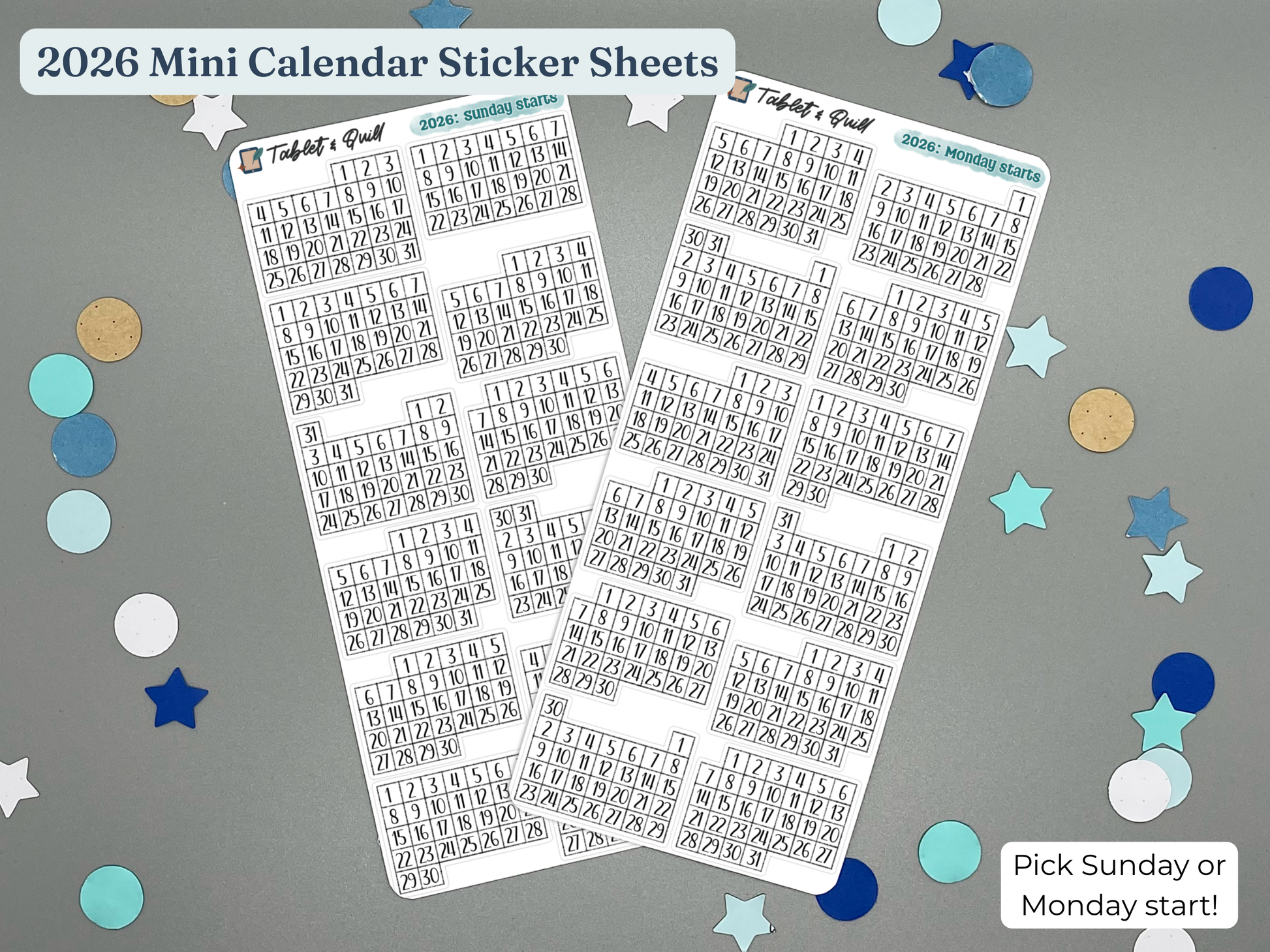 Two 2026 mini calendar sticker sheets with decorative confetti on a gray background