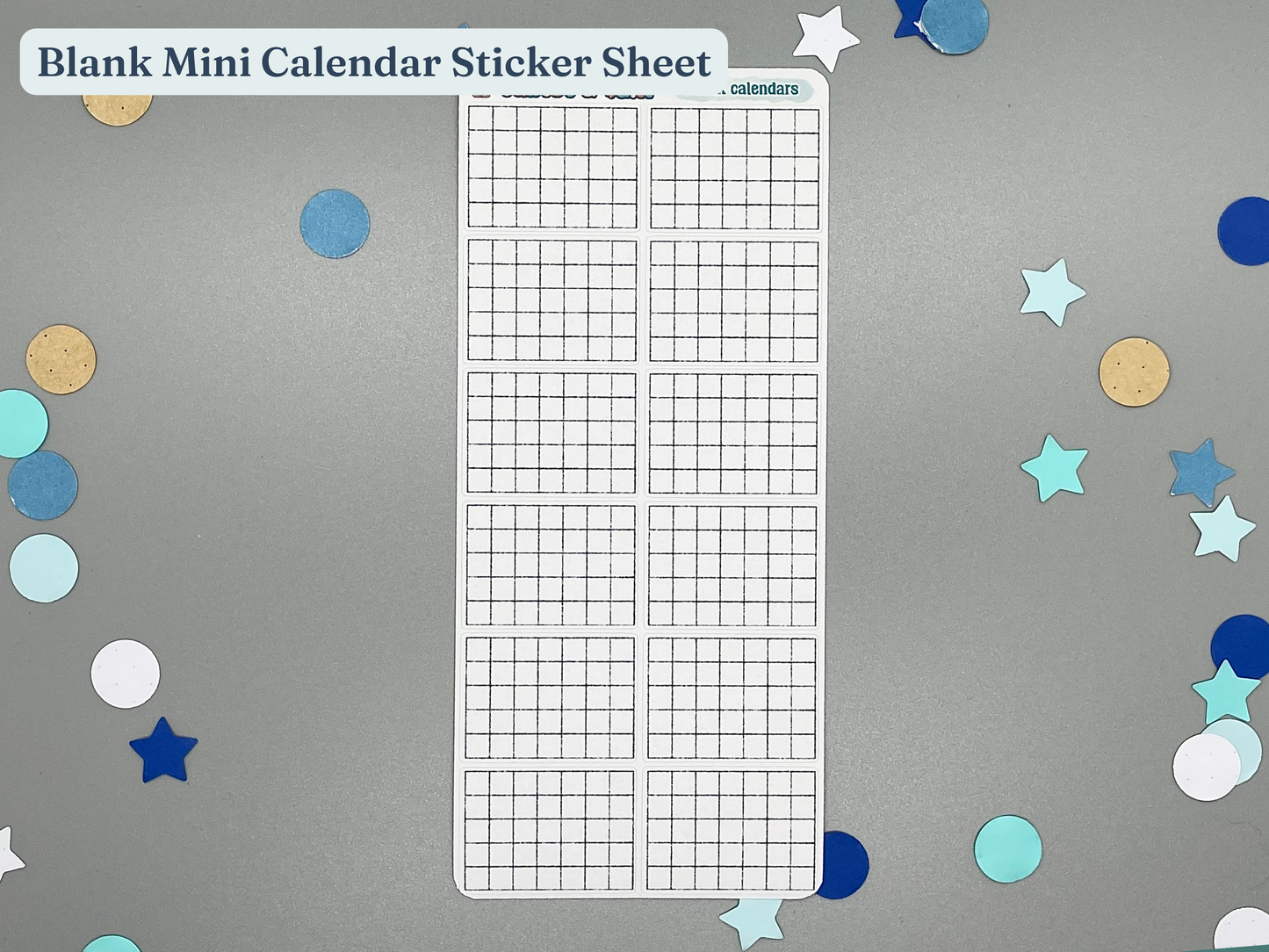 Blank mini calendar sticker sheet on a gray background with decorative stars and circles.