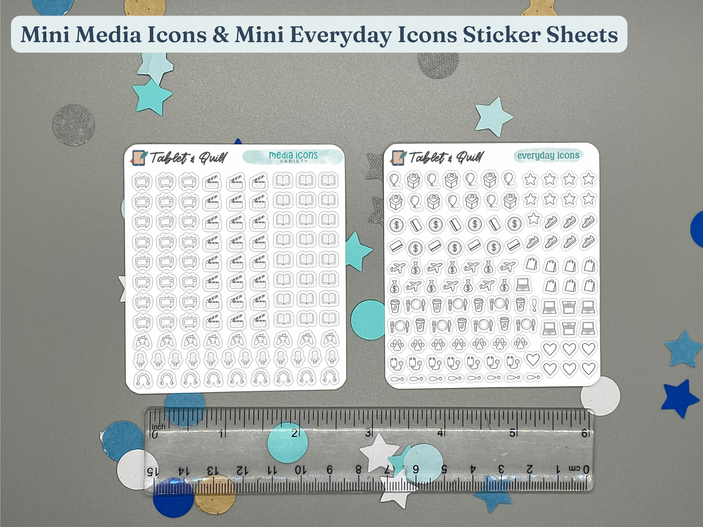 Two sticker sheets with mini icons on a gray background with decorative elements