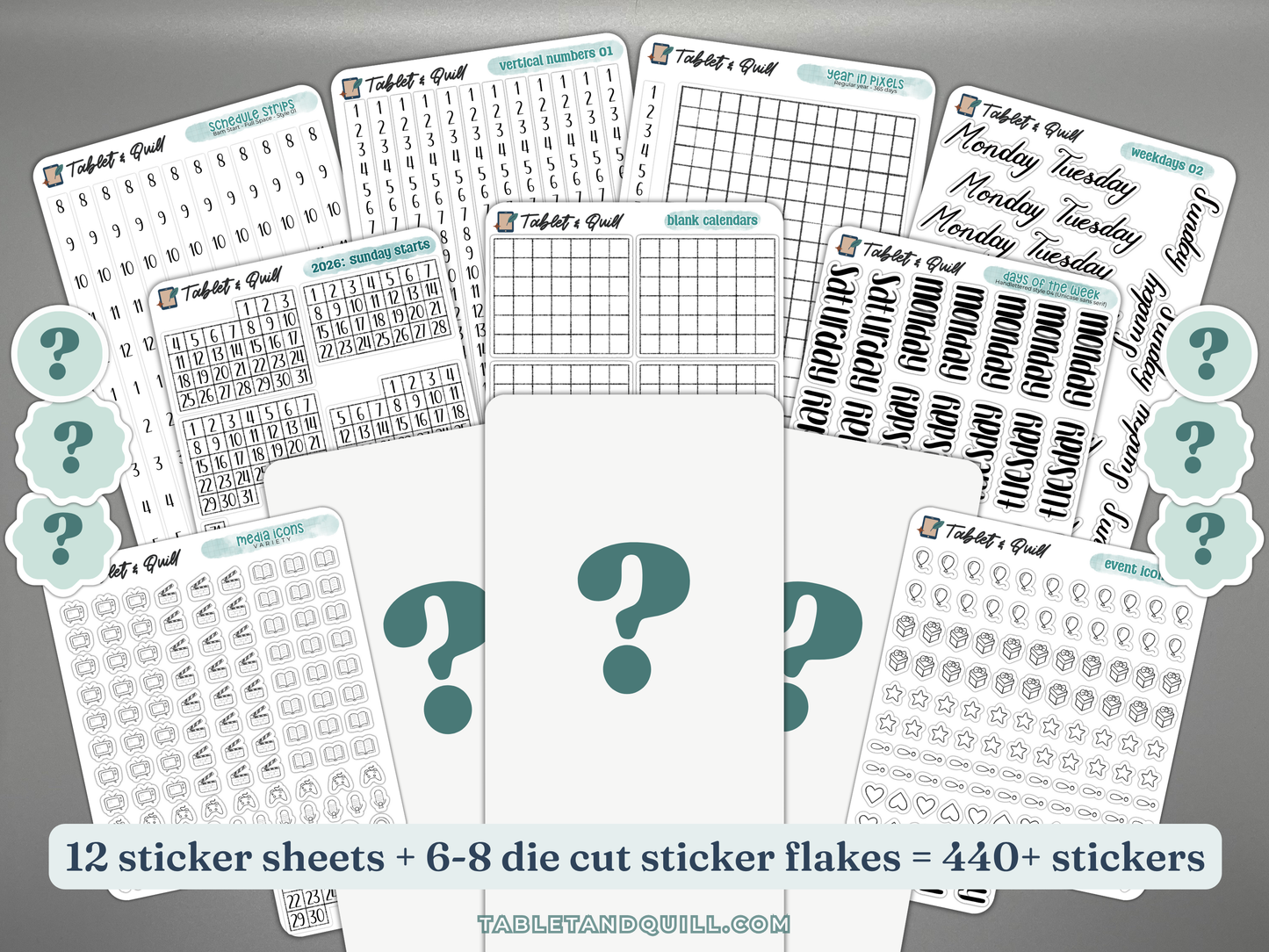 Collection of planner stickers with various designs on a gray background