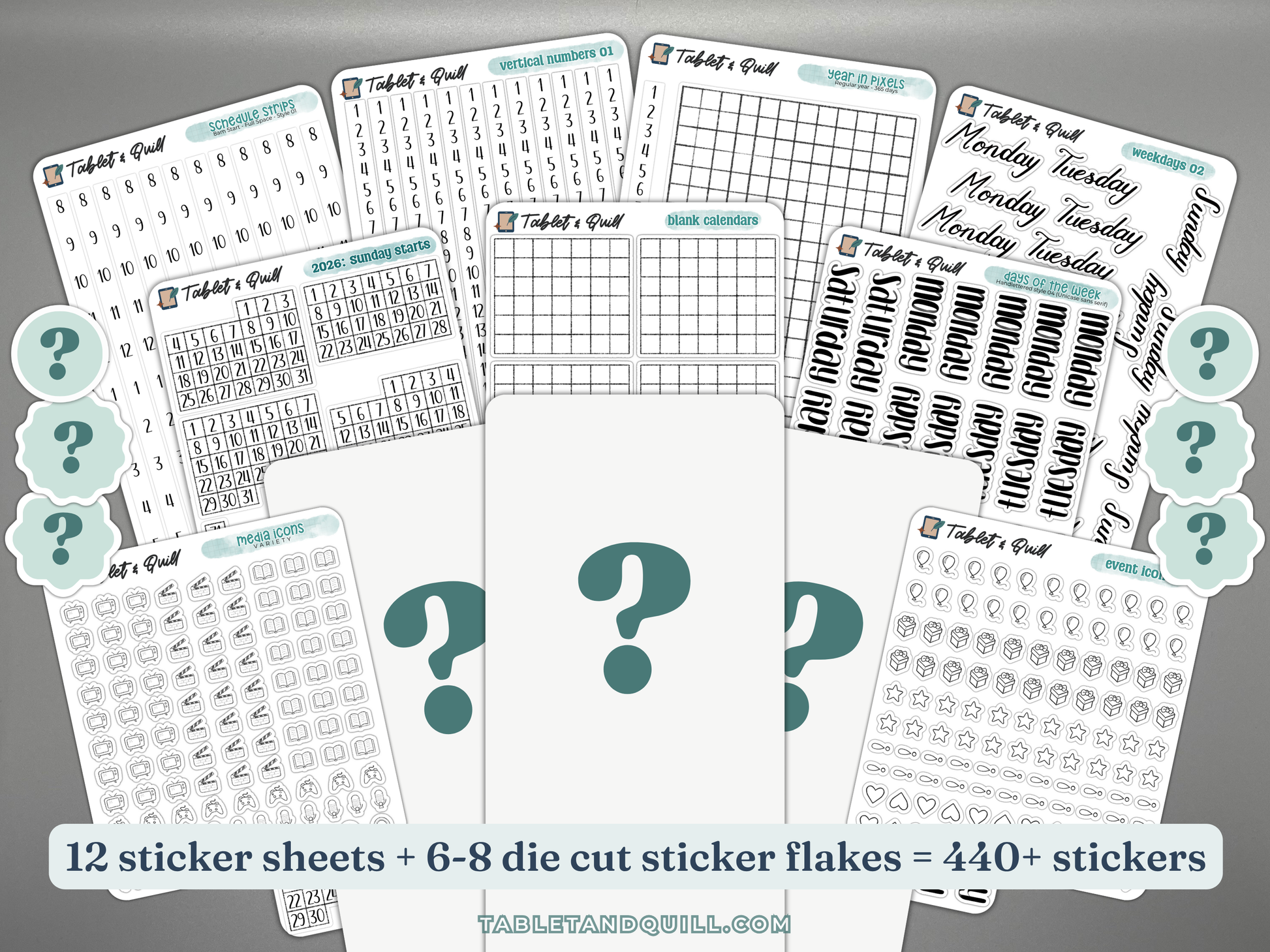 Collection of planner stickers with various designs on a gray background