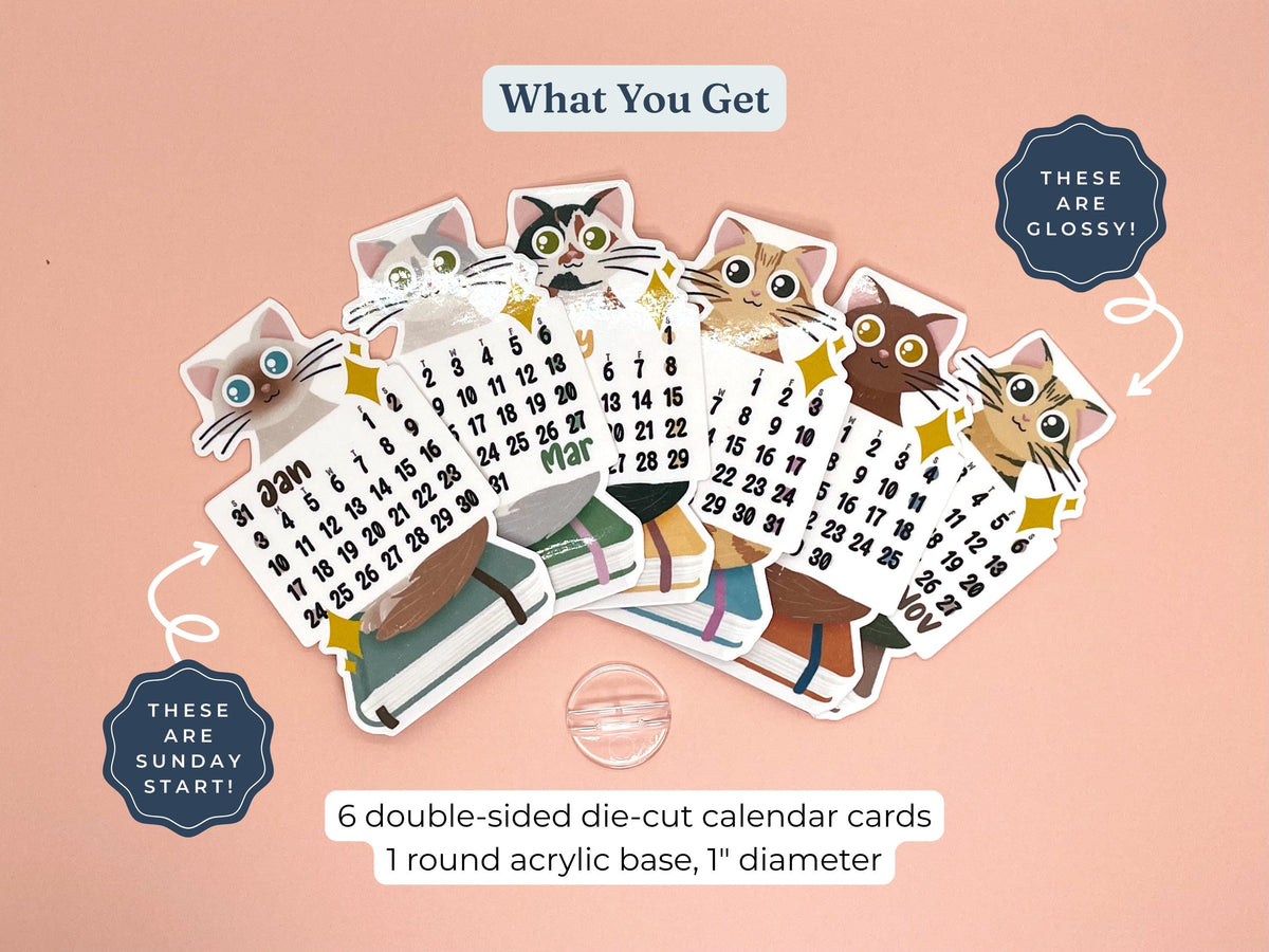 A set of six die-cut calendar cards featuring cartoon cat illustrations and monthly grids, arranged on a peach background with text describing the contents and a round acrylic base.
