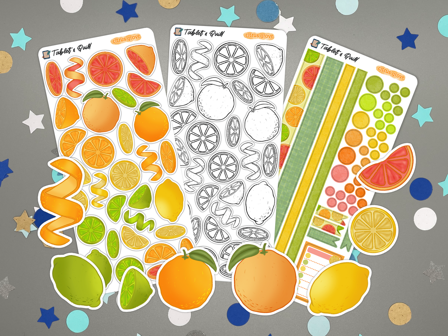 Set of colorful citrus themed bullet journal stickers on a gray background with decorative elements.