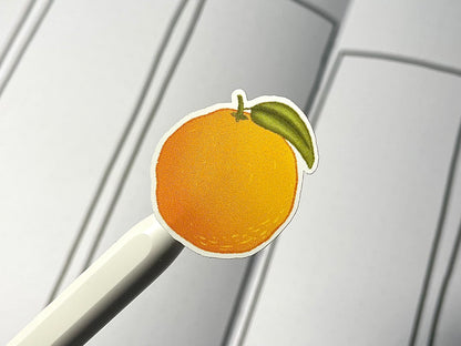 Closeup of a color citrus themed sticker over a weekly bullet journal spread.