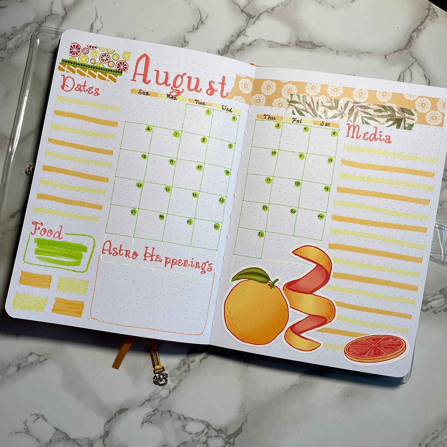 Bullet journal monthly spread with citrus themed stickers.
