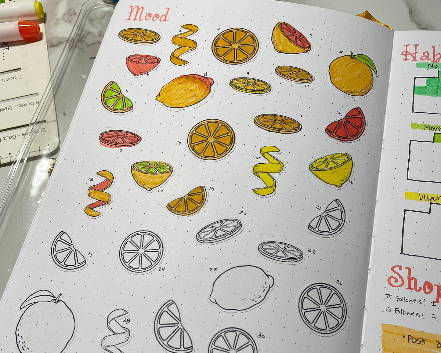 Bullet journal monthly mood log spread with citrus themed stickers.