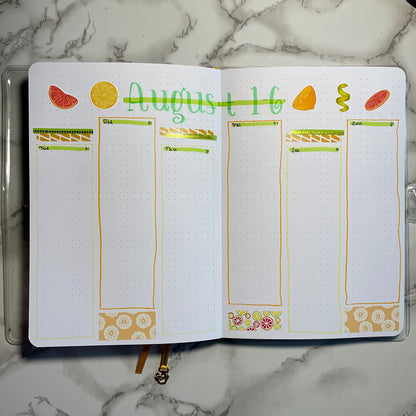 Bullet journal weekly spread with citrus themed stickers.
