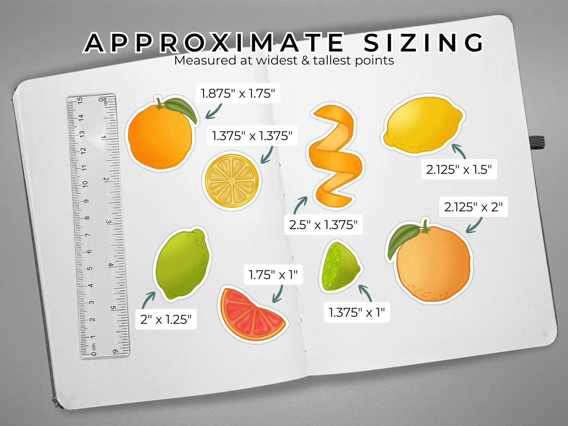 Citrus themed bullet journal stickers on an open journal with a ruler for scale and approximate sizes of each sticker.