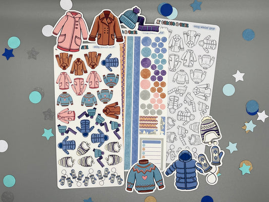 Sticker sheet with winter clothing designs on a gray background