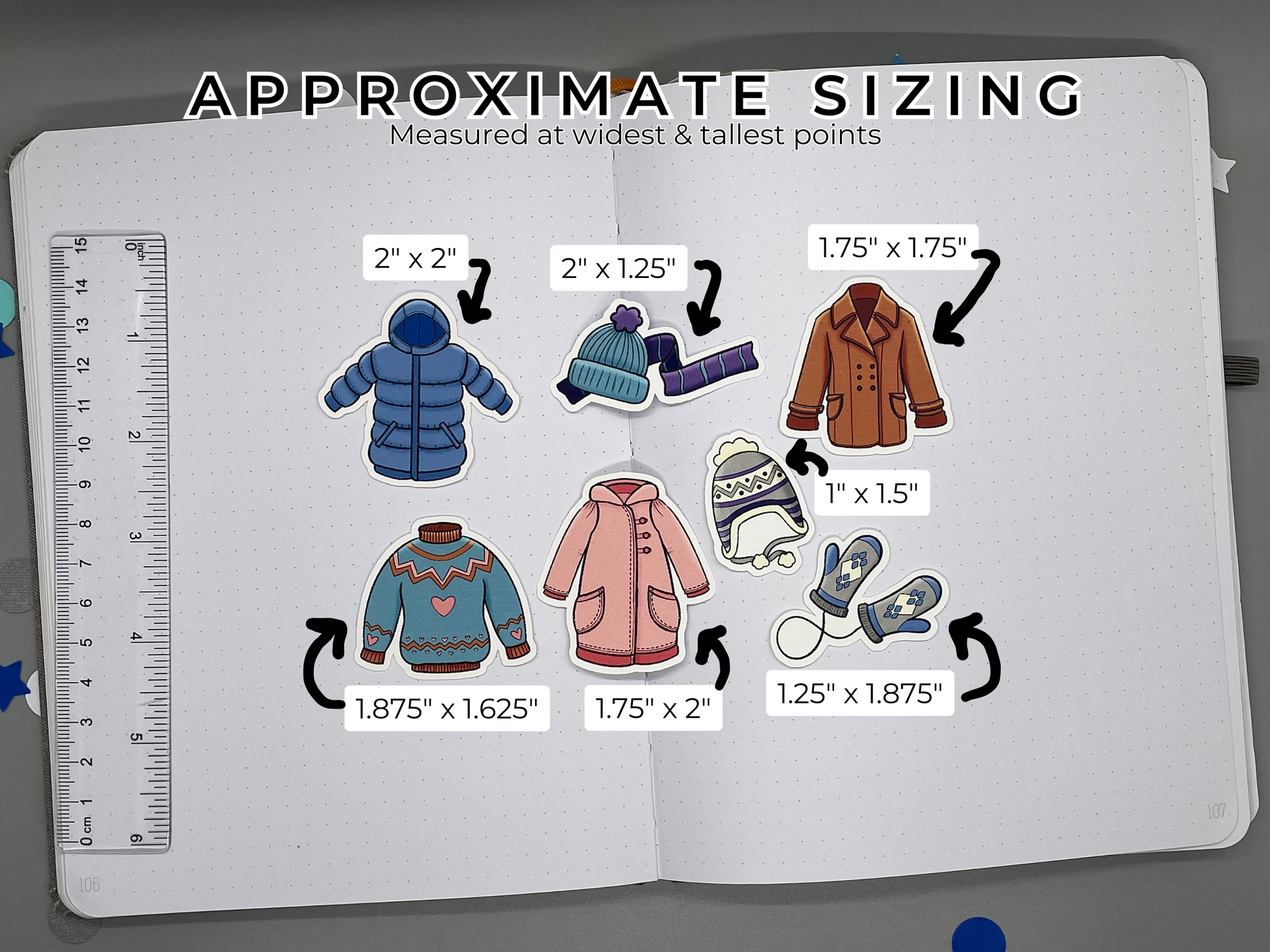 Approximate sizing chart for winter clothes themed die cut stickers with a ruler on a gray background