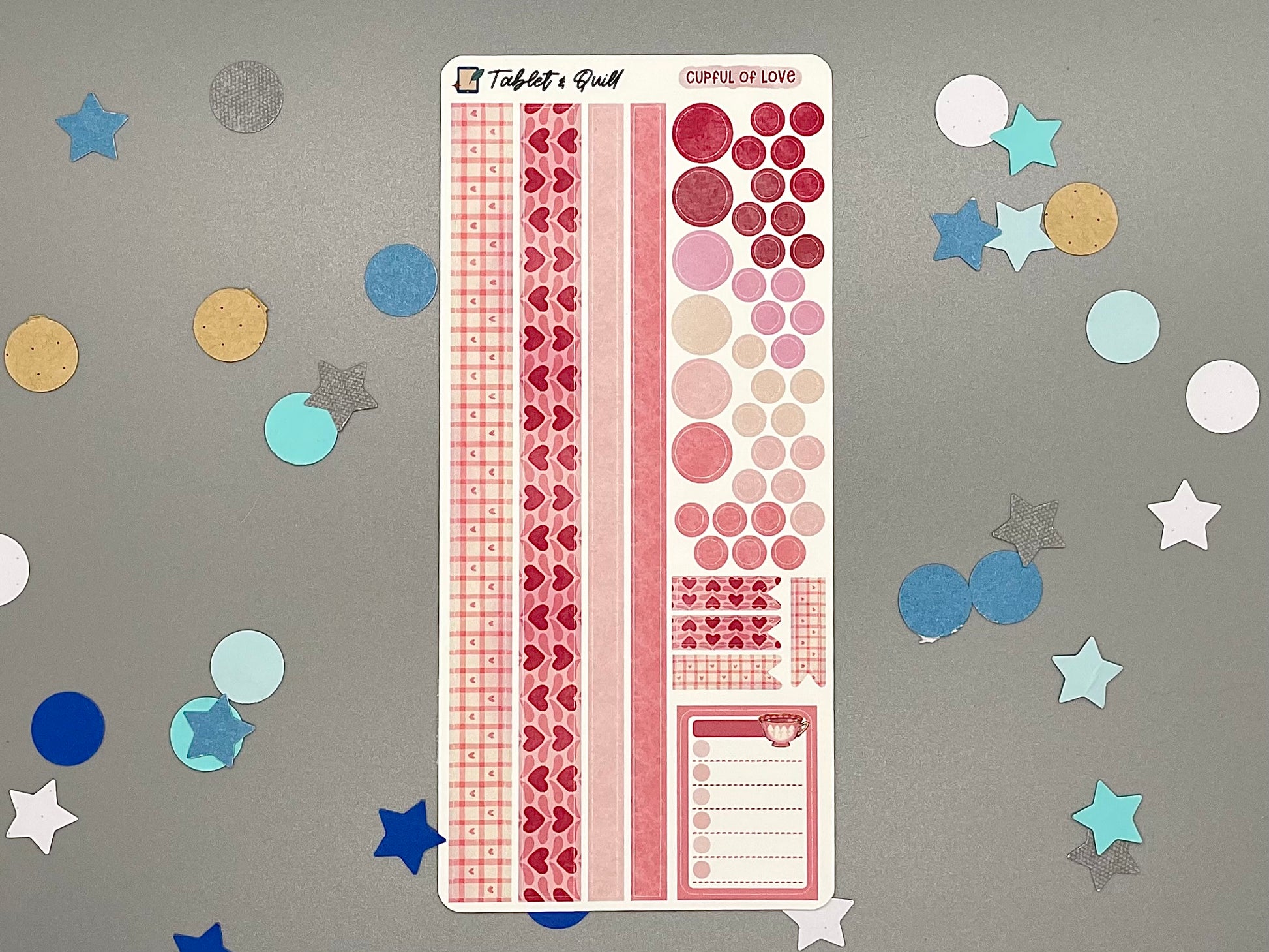 Decorative sticker sheet with washi strips and circle dots that match with the Valentines tea sticker set on gray background with confetti.
